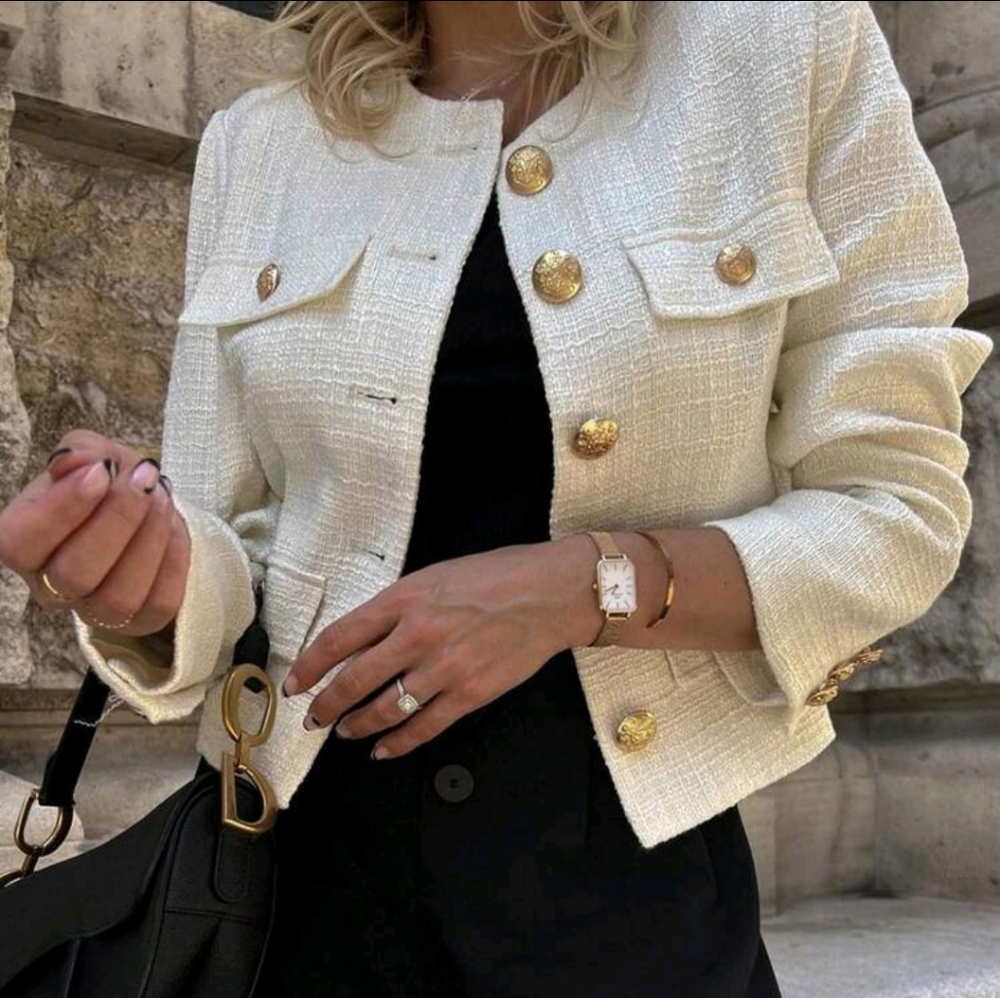 Clasi Women's Solid Color Simple Daily Wear Tweed Jacket - Picture 1 of 4